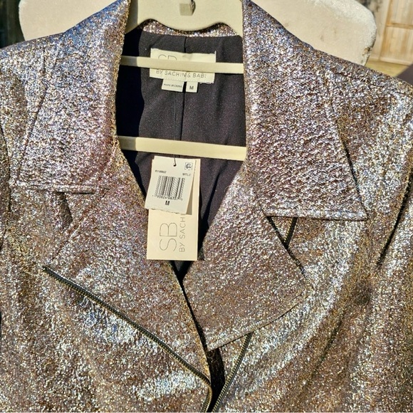 Nwt SB by Sachin + Babi Silver gold Metallic Moto Jacket M - Picture 7 of 9
